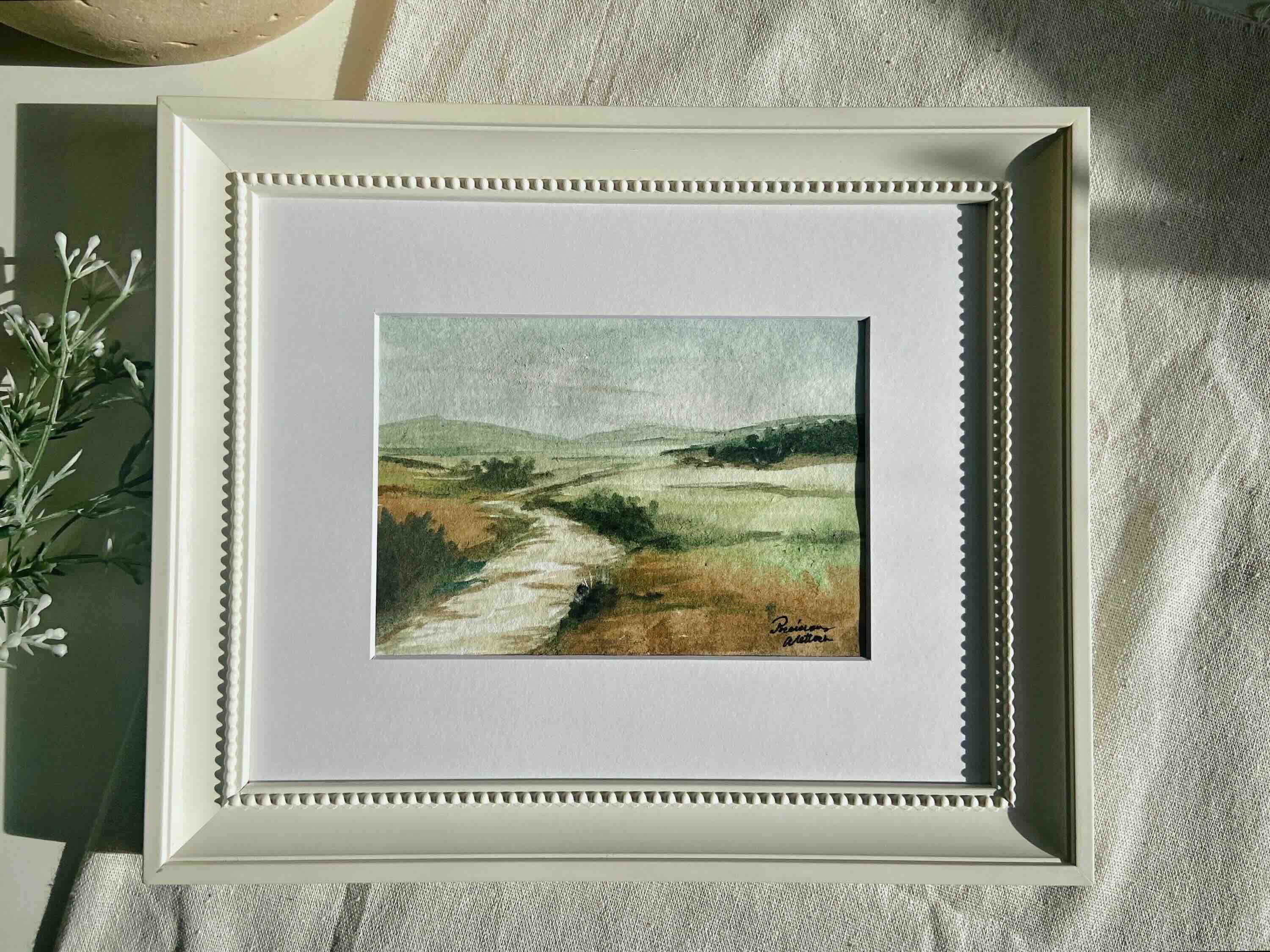 Framed Original Rolling Hills Watercolor Landscape Painting